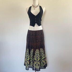 y2k Brown midi Skirt with Green Floral Border